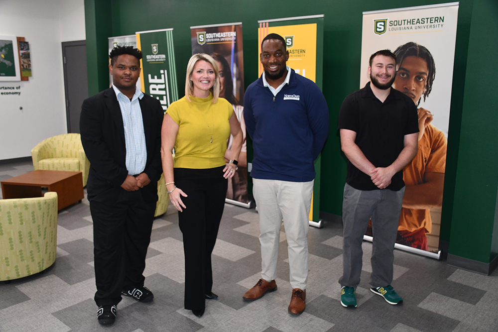 From left: Southeastern Channel student Assistant News Director Emmbre Perry; North Oaks Chief Ancillary Officer Jessica Bennett and Business Development Strategist Desmond Hunter; and Southeastern Channel student Sports Director Brendon Smith.